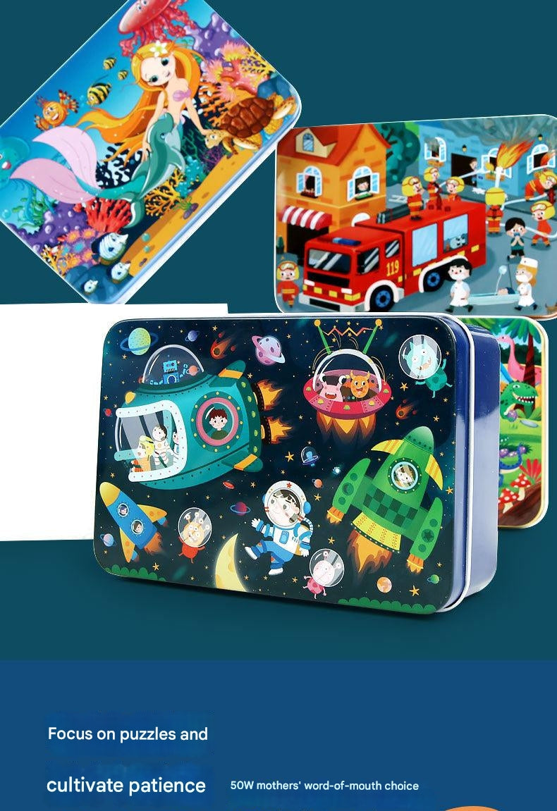 Educational jigsaw puzzle pieces in tin box