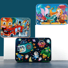 Educational jigsaw puzzle pieces in tin box