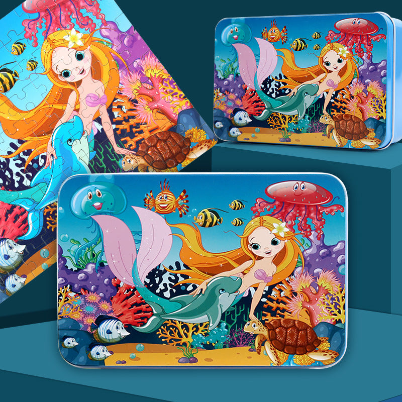 Tin box packaging for wooden puzzles