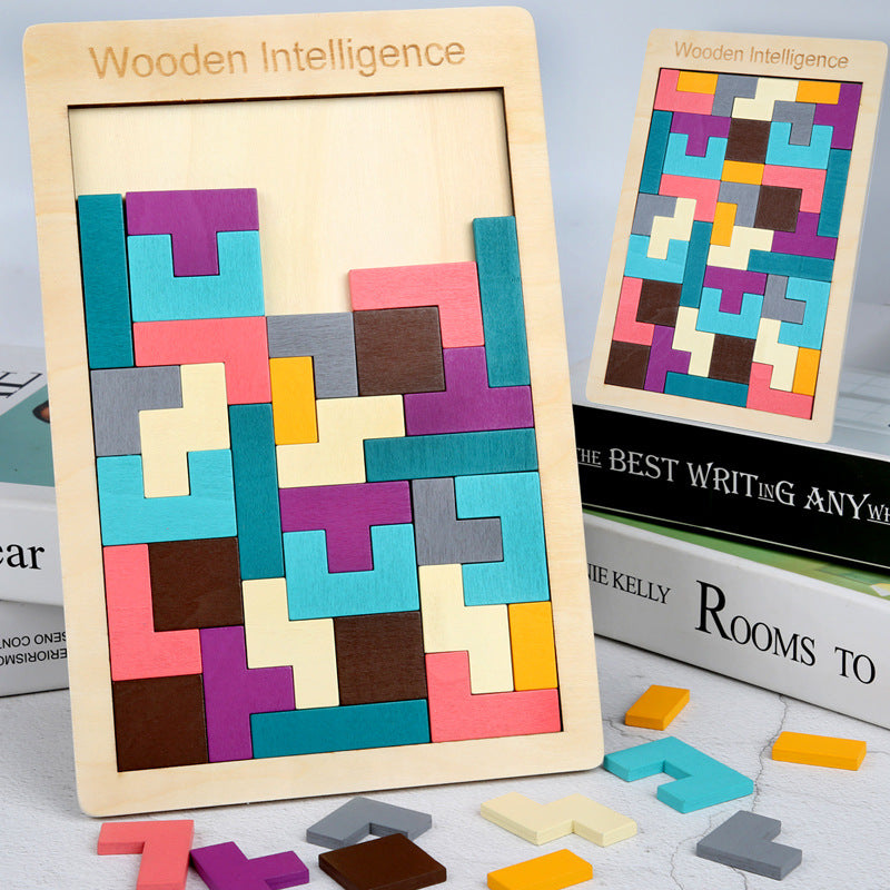 colourful pieces of wooden Tetris puzzle
