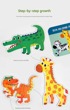 Wooden puzzle set displayed in iron box for kids