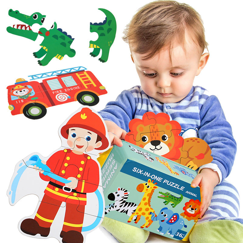Kids playing with vehicle puzzles in the set