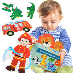 Kids playing with vehicle puzzles in the set