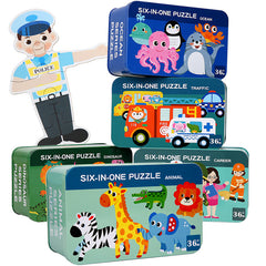 6-in-1 wooden puzzles featuring different animals