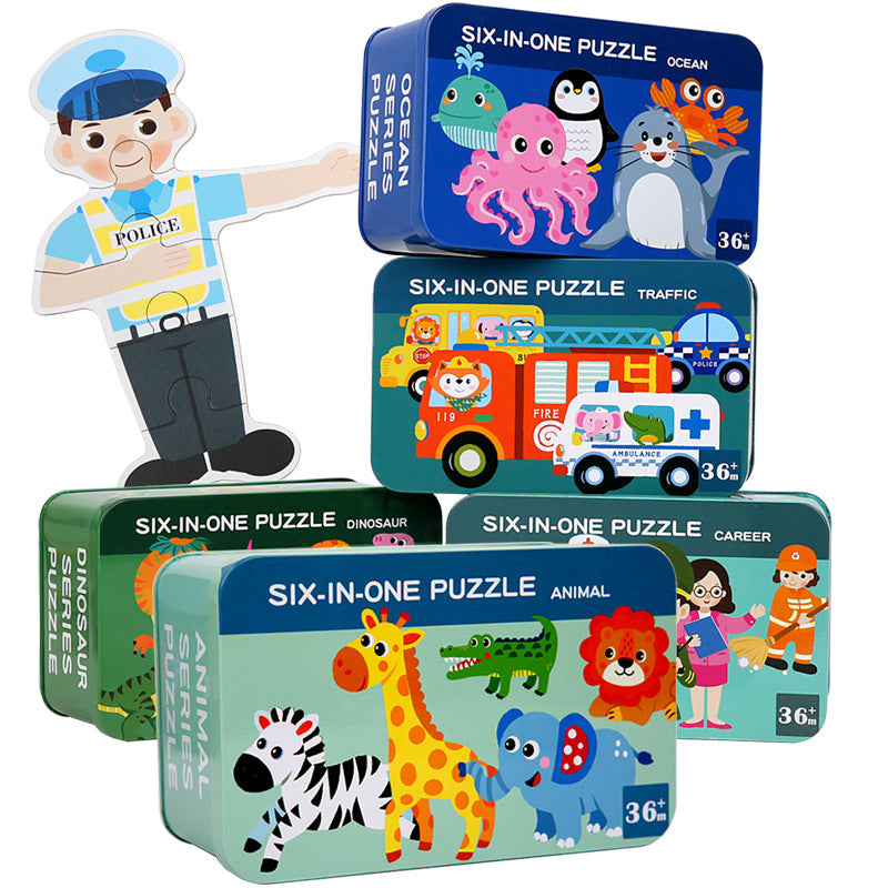 6-in-1 wooden puzzles featuring different animals