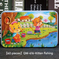 60-piece wooden jigsaw puzzle for kids in metal box