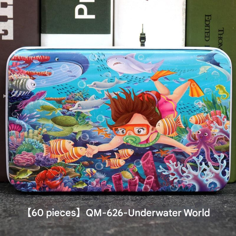 60-piece wooden jigsaw puzzle for kids in metal box