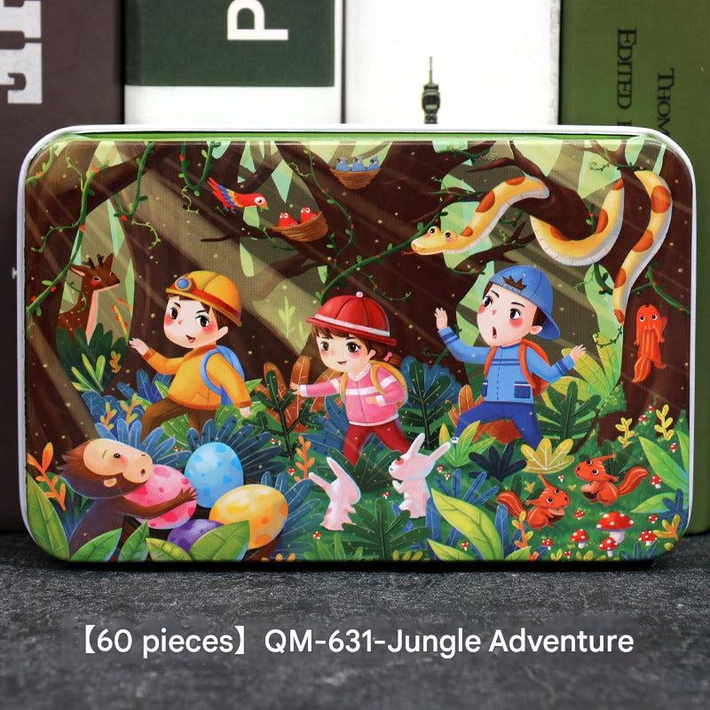 happy child playing with wooden puzzle