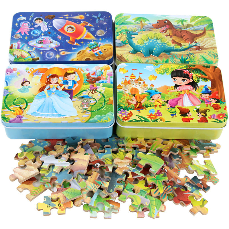 metal box containing a jigsaw puzzle