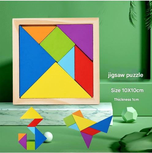 Magnetic tangram puzzle set on wooden table