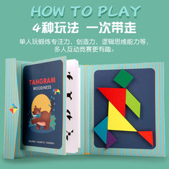 Children playing with colorful magnetic tangram pieces