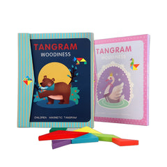Magnetic tangram puzzle set on wooden table
