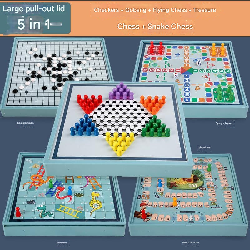 close-up of children's chess pieces from the multi-game set