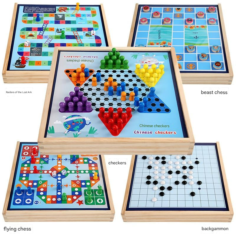 family playing games with the Multi-Game Chess Set