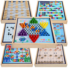 close-up of children's chess pieces from the multi-game set