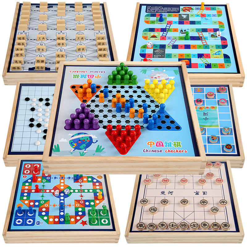 close-up of children's chess pieces from the multi-game set