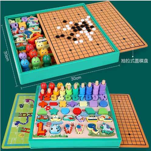 family playing games with the Multi-Game Chess Set