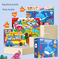 Child playing with colorful jigsaw puzzle