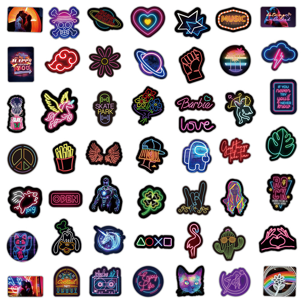Vibrant neon stickers on a flat surface