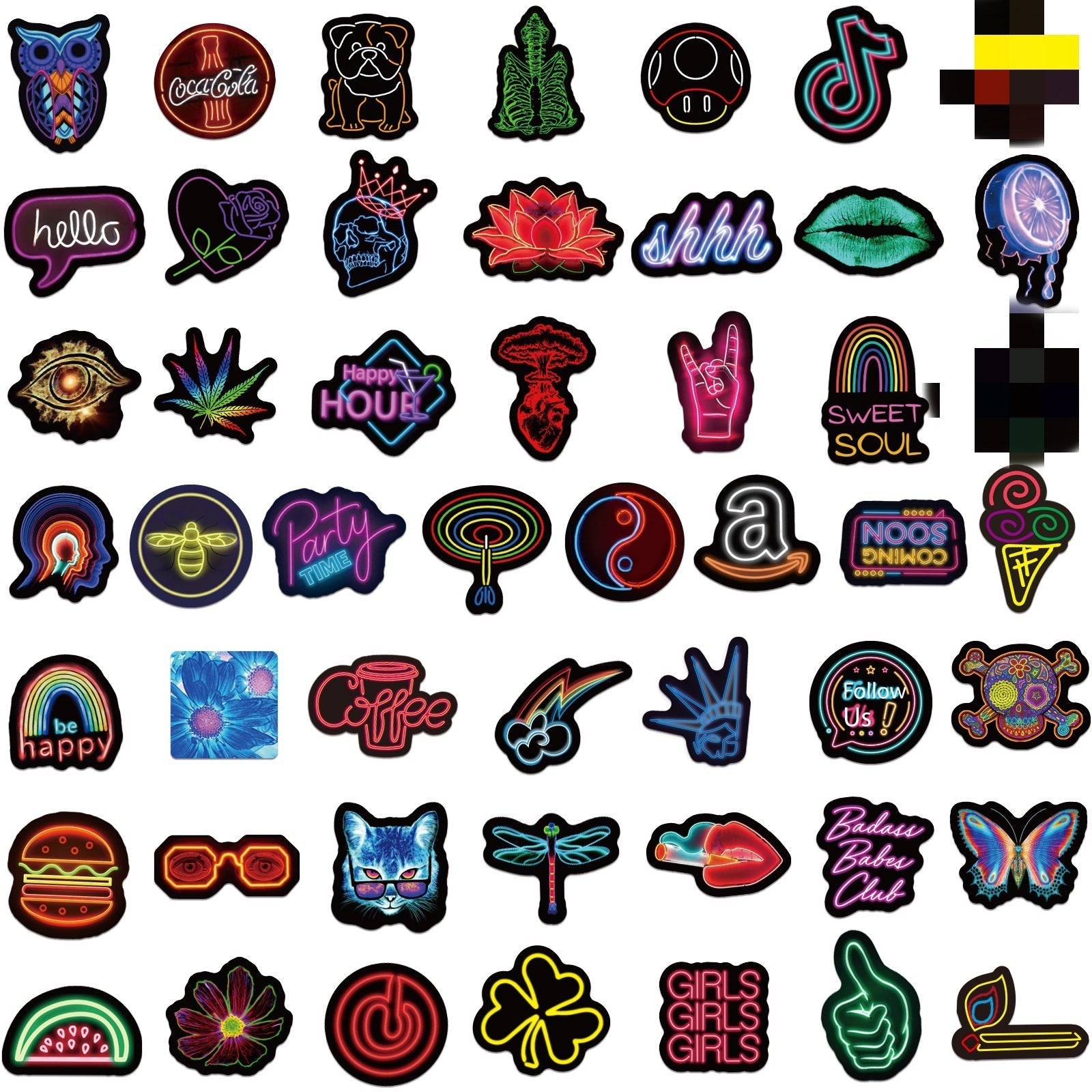 Stickers applied to a skateboard showcasing creativity