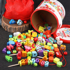 Stringing beads and blocks for fine motor skills