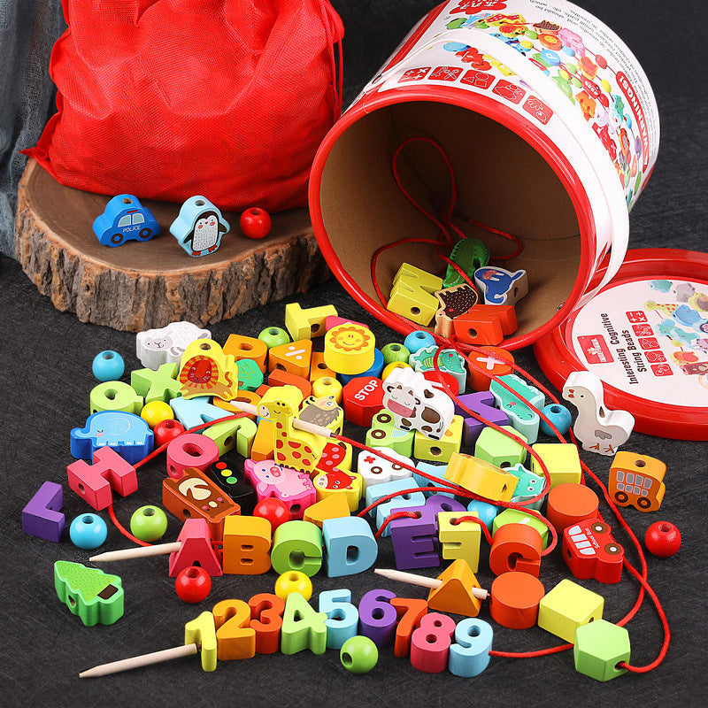 Stringing beads and blocks for fine motor skills