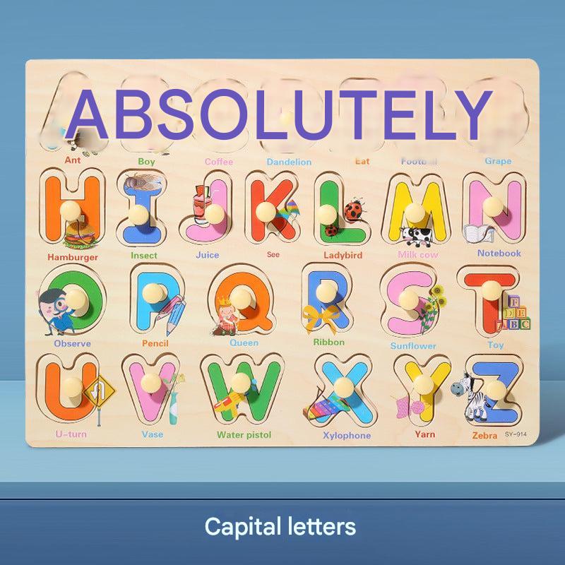 Educational wooden puzzle board featuring colourful letters