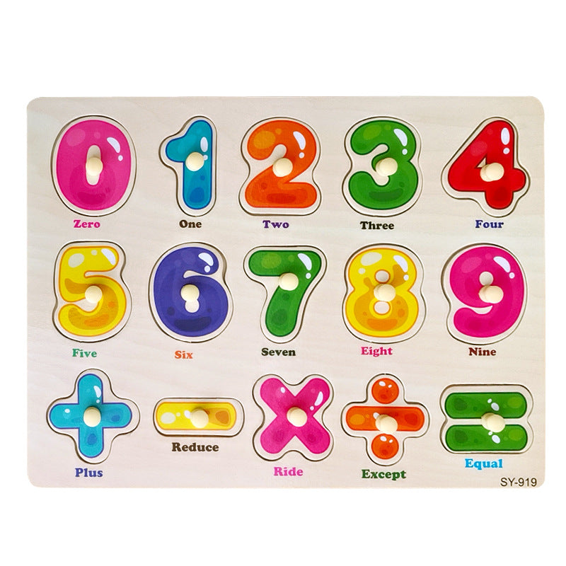 Close-up of hand-pegs on an educational puzzle