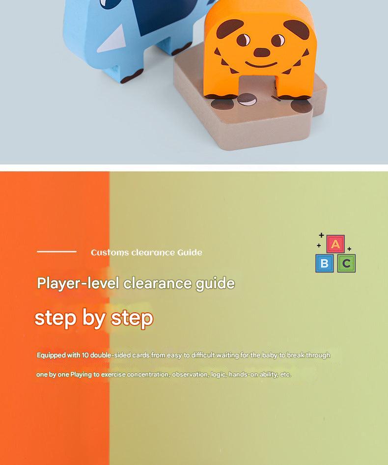 Wooden animal stacking toy game with multicoloured pieces