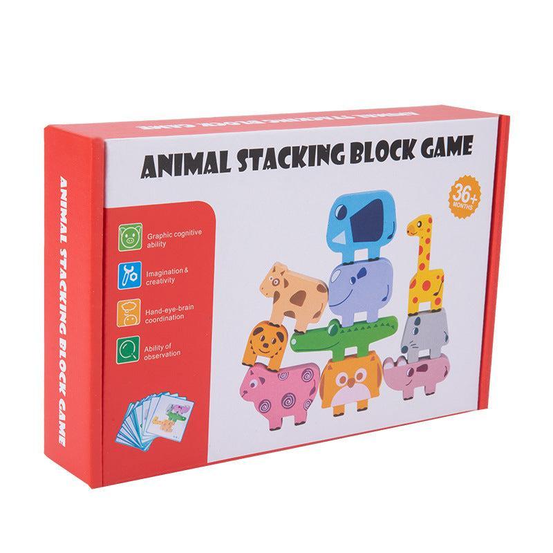 Wooden animal stacking game base and figures displayed