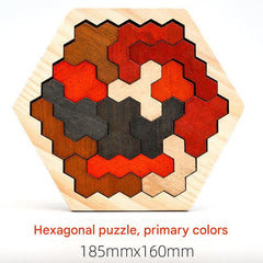 Colorful wooden hexagon puzzle board with pieces