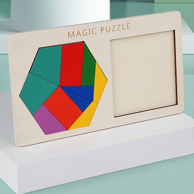 Engaged child solving a hexagon puzzle