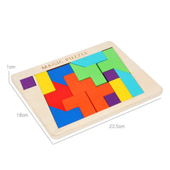 Colorful wooden hexagon puzzle board with pieces