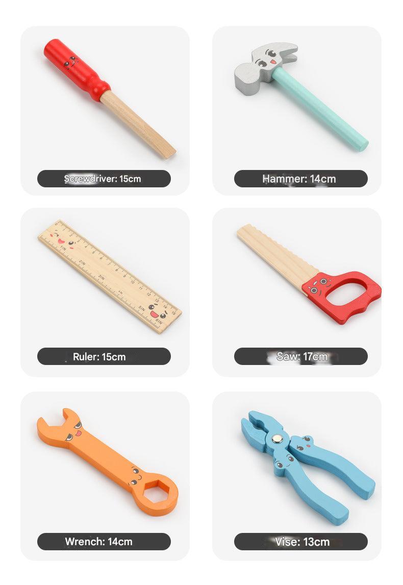 Various wooden tools included in the toy set