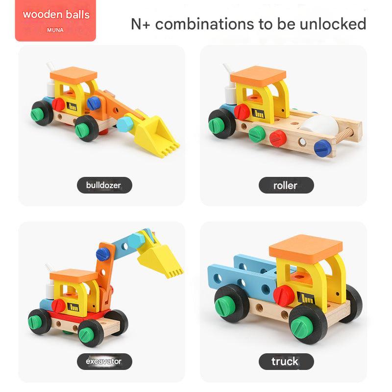 Close-up of wooden toy wrench from the kit