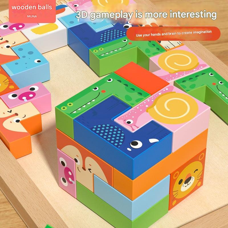 Close-up of wooden Tetris puzzle pieces