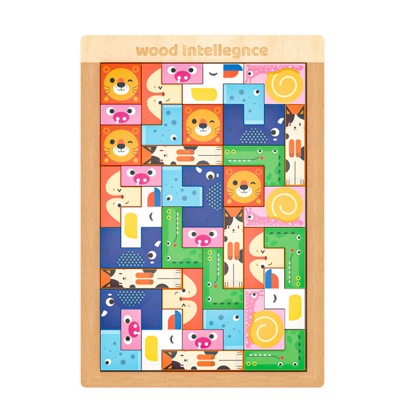 Stacked colourful wooden puzzle blocks