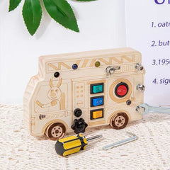 Dimensions of the Busy Board next to a toy