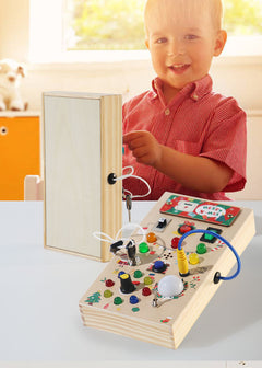 Dimensions of the Busy Board next to a toy