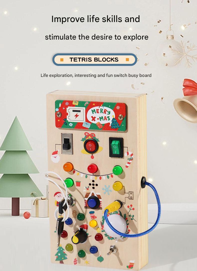 Toys surrounding the Interactive Busy Board