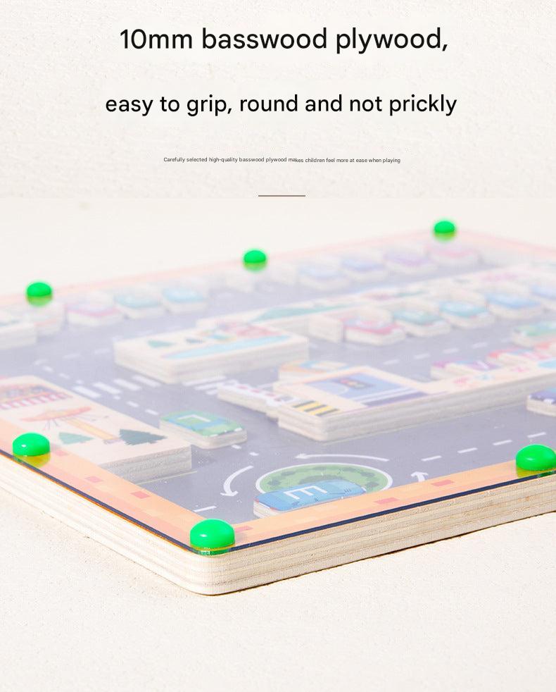 Close-up of wooden magnetic pieces in maze game