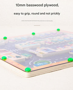 Close-up of wooden magnetic pieces in maze game