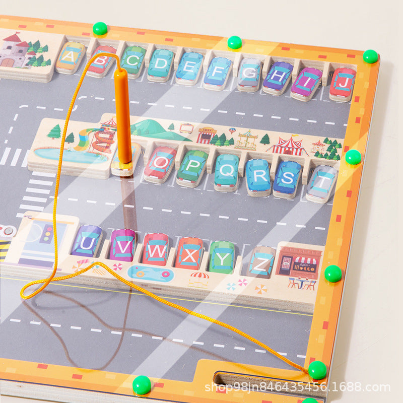 Close-up of wooden magnetic pieces in maze game