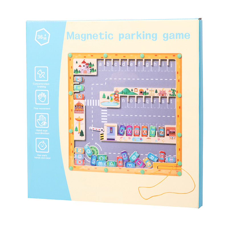 Wooden maze game showing letters and pieces