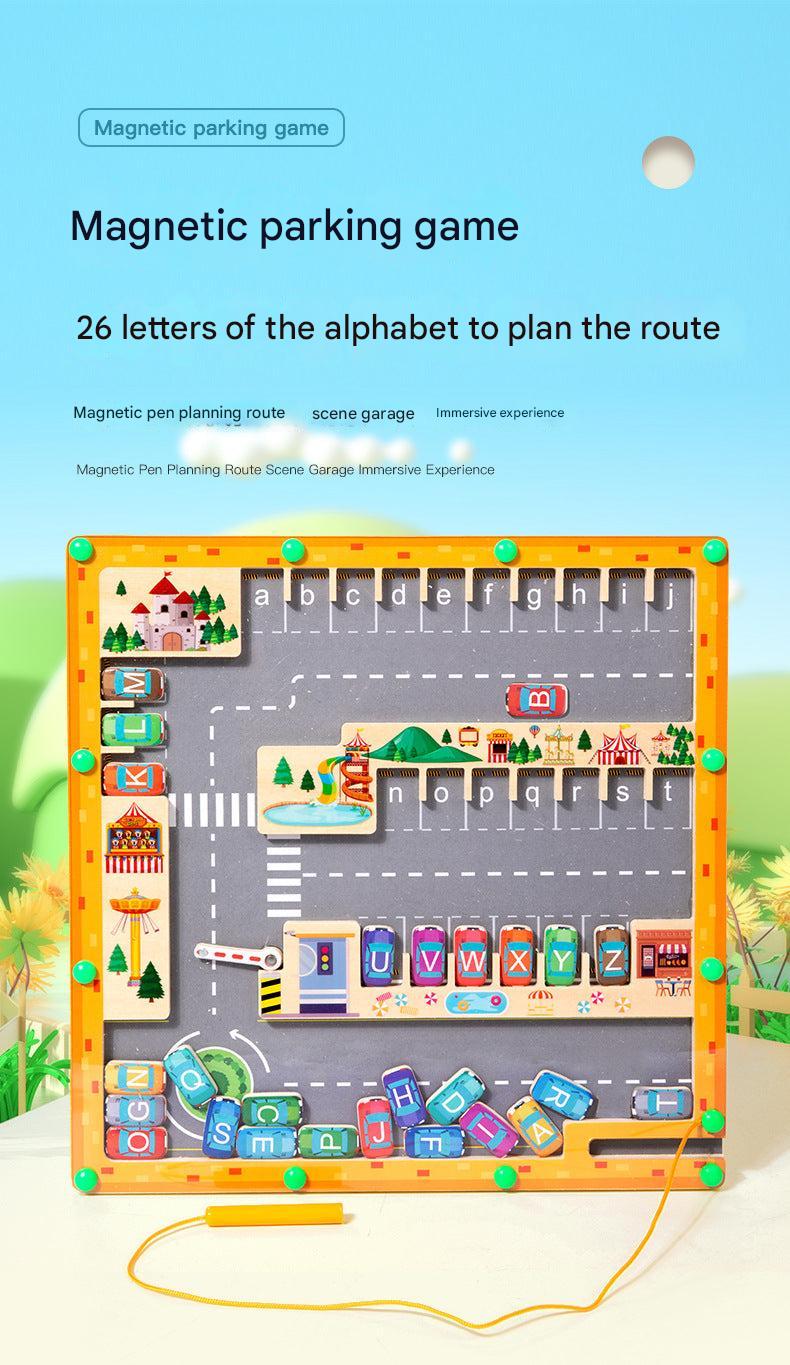 Kids learning letters through magnetic maze play