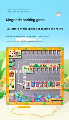 Kids learning letters through magnetic maze play