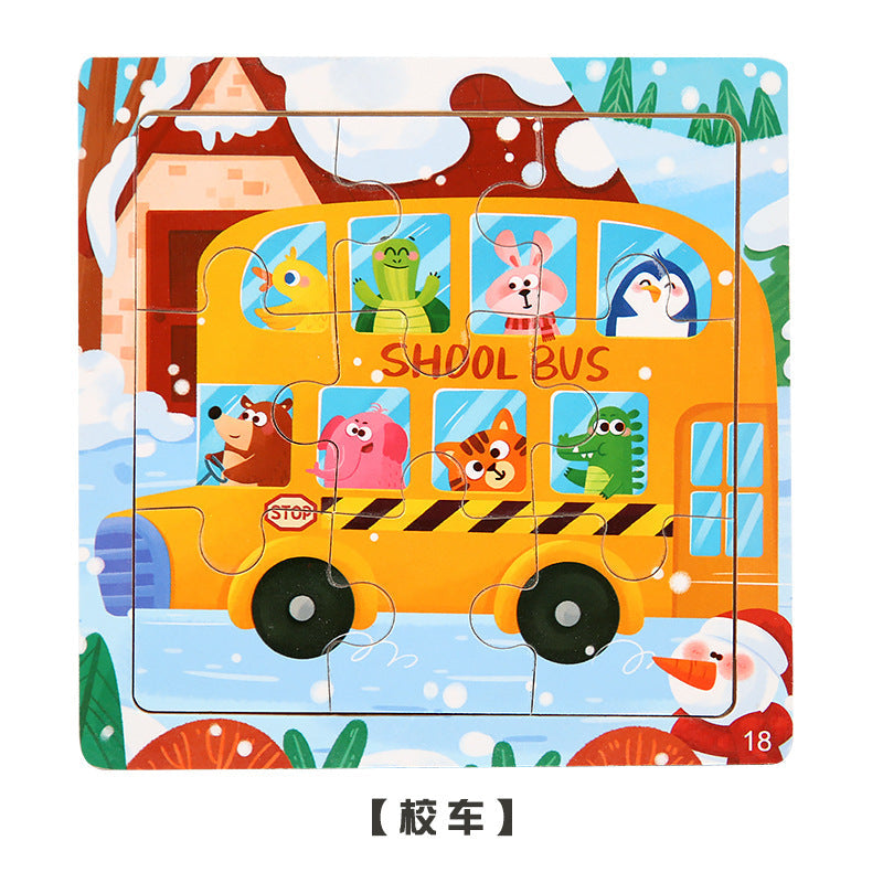 Cartoon animals displayed on wooden puzzle