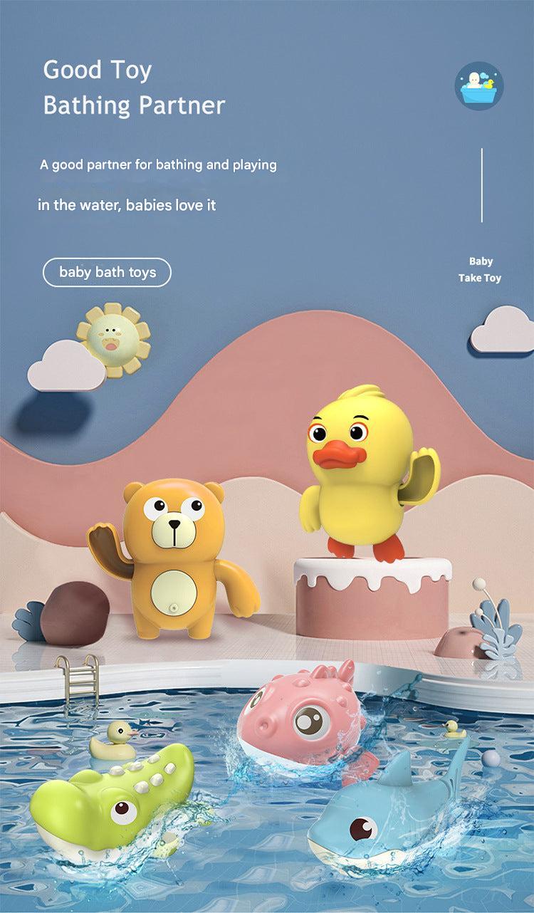 Toddler enjoying bath time with animal toy