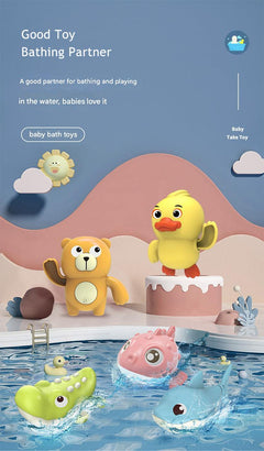 Toddler enjoying bath time with animal toy