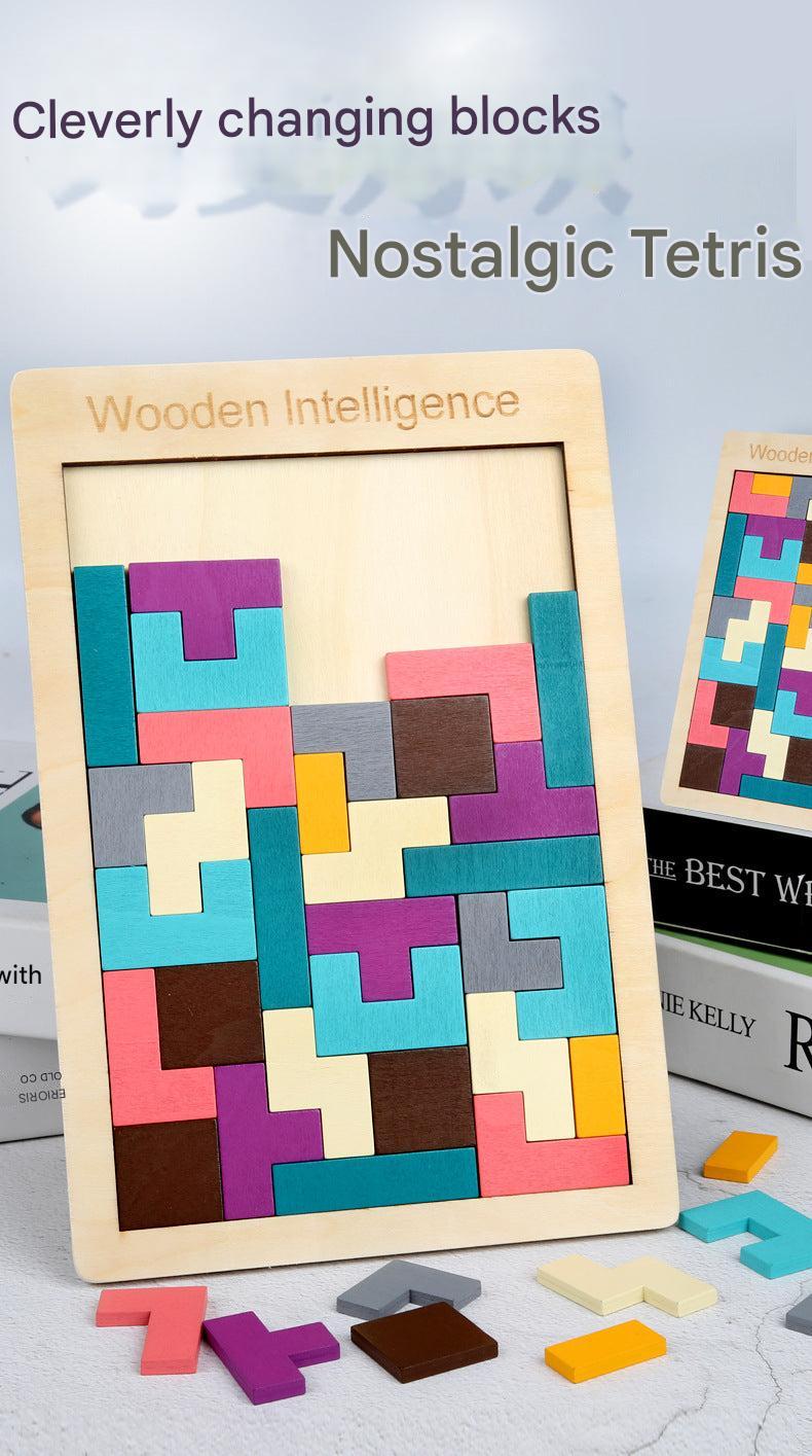 Toddler playing with Wooden Tetris Puzzle Blocks